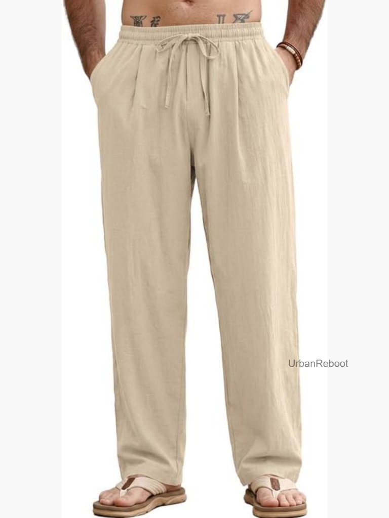 Mens Linen Blend Pants Elastic Waist Drawstring Loose Fit Casual Tapered Summer